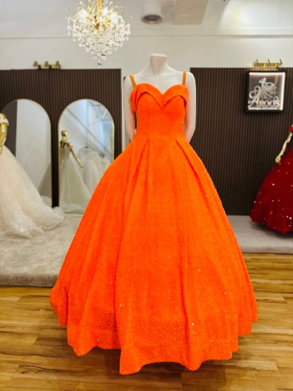 Bright orange velvet ball gown with off-shoulder neckline and sparkly sequins (Medium Size - Orange) - Image 2