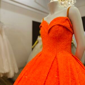 Bright orange velvet ball gown with off-shoulder neckline and sparkly sequins (Medium Size - Orange)