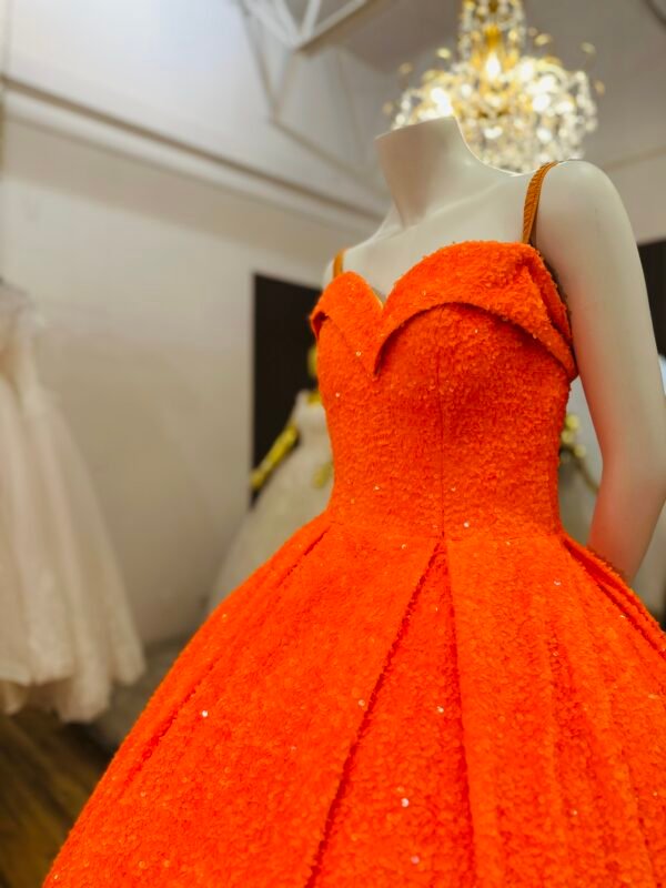 Bright orange velvet ball gown with off-shoulder neckline and sparkly sequins (Medium Size - Orange)