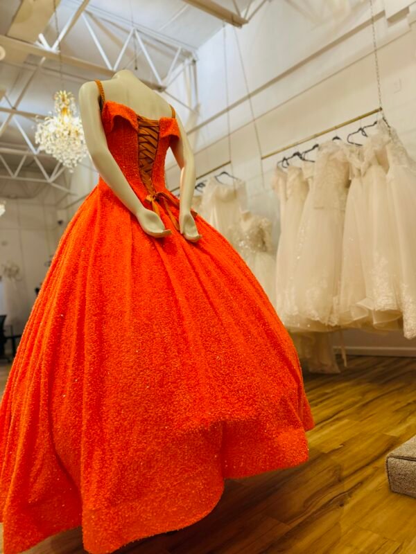 Bright orange velvet ball gown with off-shoulder neckline and sparkly sequins (Medium Size - Orange) - Image 3