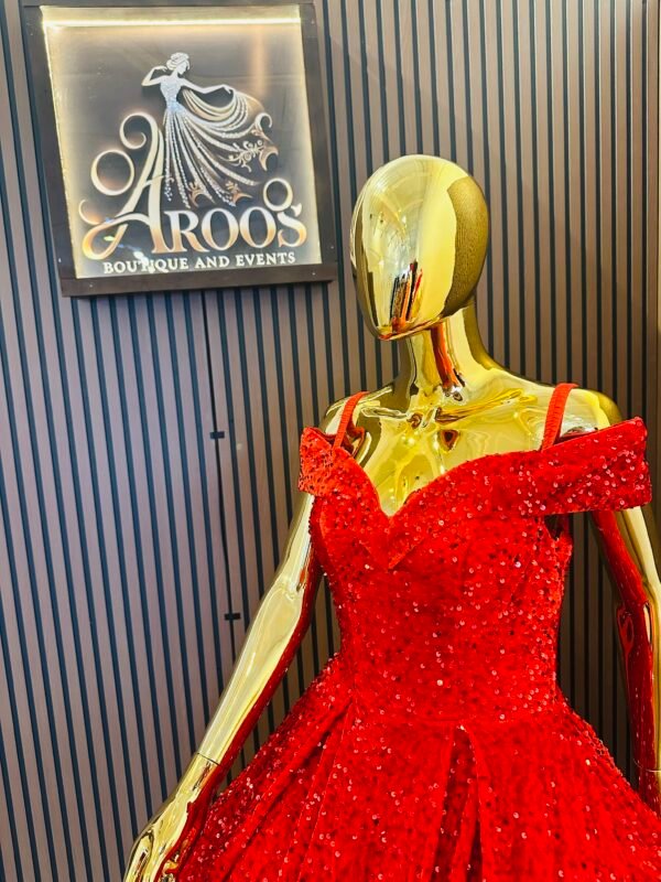 Bright red velvet ball gown with off-shoulder neckline sparkly sequins that shine with every move (Large Size - Red) - Image 3