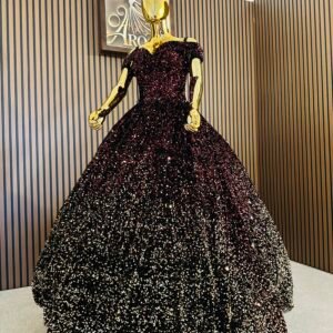 Black velvet ball gown with classic off-shoulder neckline and shimmering sequins that create a stunning ombre effect (Small size - multicolor)