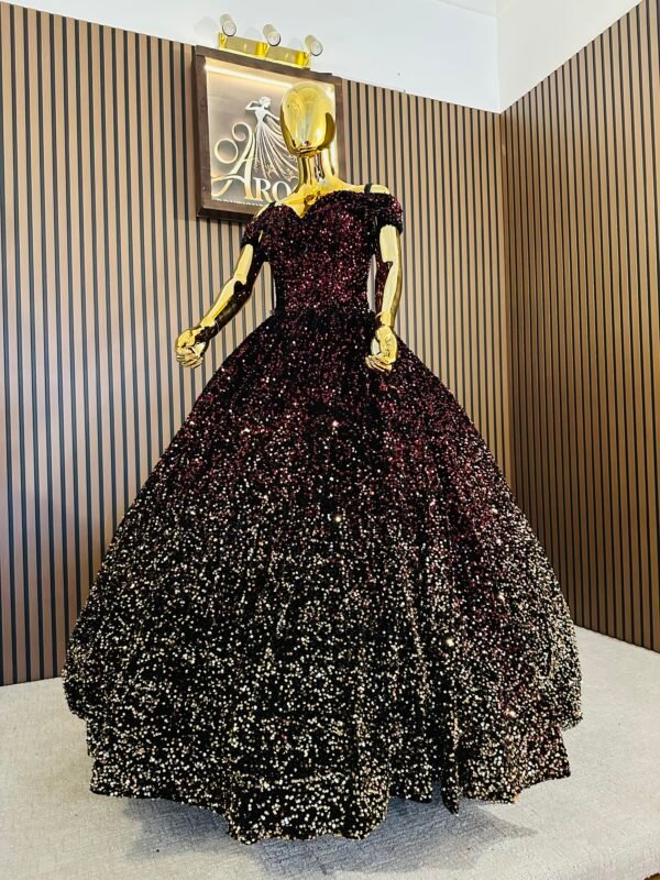 Black velvet ball gown with classic off-shoulder neckline and shimmering sequins that create a stunning ombre effect (Small size - multicolor)