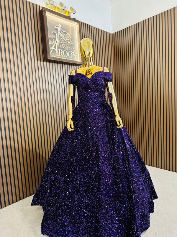 Deep purple velvet ball gown shines with shimmering sequins all over with off-shoulder neckline and a full skirt that flows beautifully (Medium Size - Purple) - Image 3