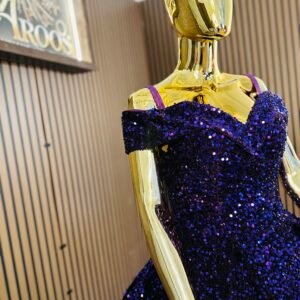 Deep purple velvet ball gown shines with shimmering sequins all over with off-shoulder neckline and a full skirt that flows beautifully (Medium Size - Purple)