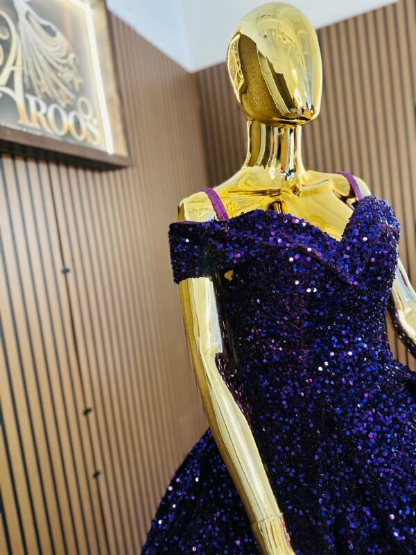 Deep purple velvet ball gown shines with shimmering sequins all over with off-shoulder neckline and a full skirt that flows beautifully (Medium Size - Purple)