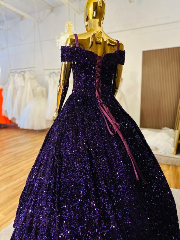 Deep purple velvet ball gown shines with shimmering sequins all over with off-shoulder neckline and a full skirt that flows beautifully (Medium Size - Purple) - Image 4