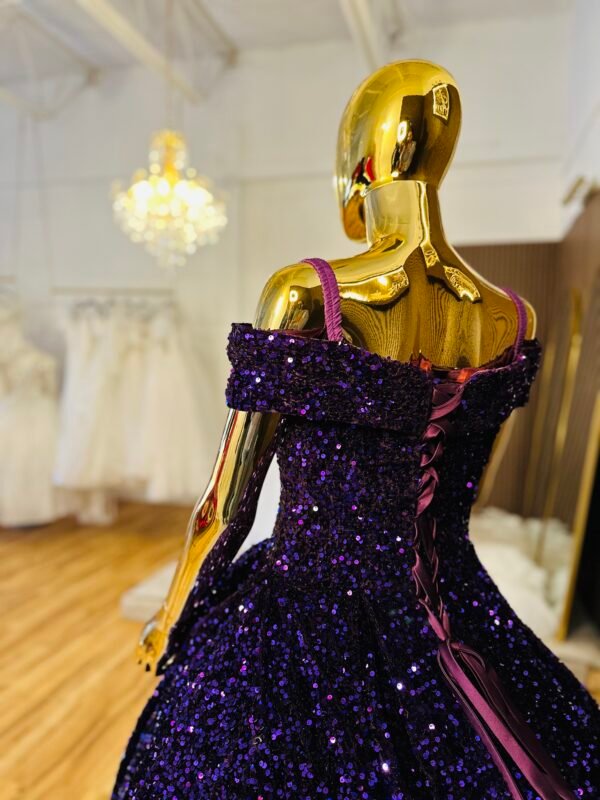 Deep purple velvet ball gown shines with shimmering sequins all over with off-shoulder neckline and a full skirt that flows beautifully (Medium Size - Purple) - Image 2