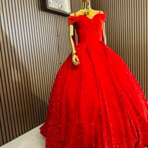Bright red velvet ball gown with off-shoulder neckline sparkly sequins that shine with every move (Large Size - Red)