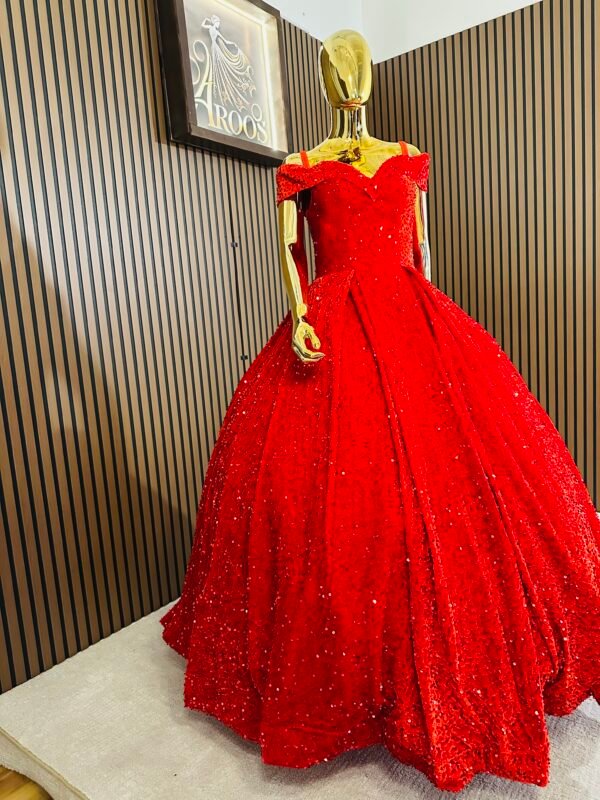 Bright red velvet ball gown with off-shoulder neckline sparkly sequins that shine with every move (Large Size - Red)