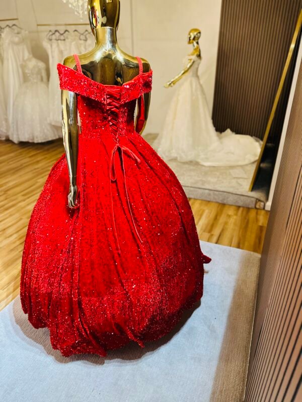 Bright red velvet ball gown with off-shoulder neckline sparkly sequins that shine with every move (Large Size - Red) - Image 2