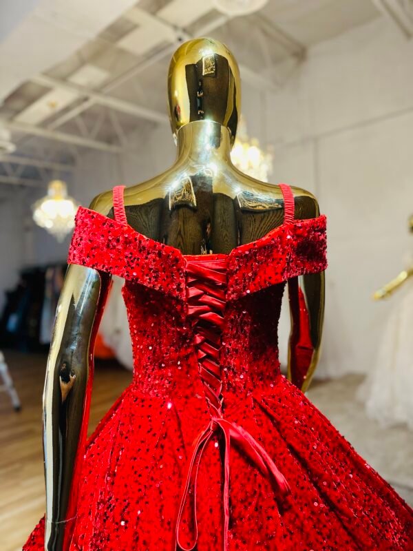 Bright red velvet ball gown with off-shoulder neckline sparkly sequins that shine with every move (Large Size - Red) - Image 4