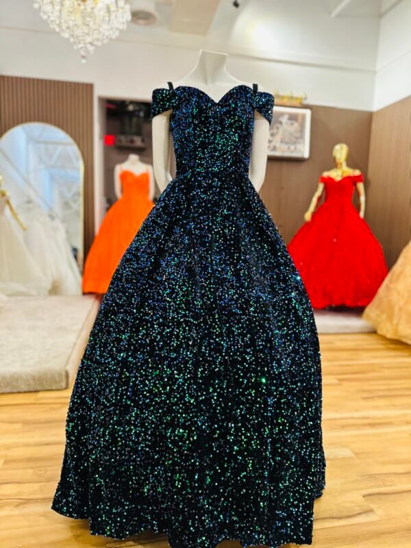 Black velvet ball gown with off-shoulder neckline and multicolor sequins shades (Medium Size - Aqua) - Image 2