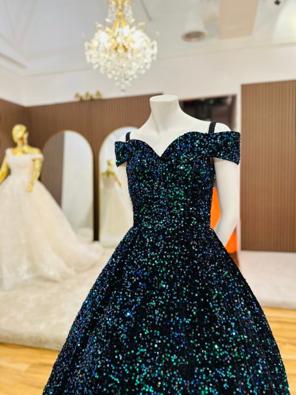 Black velvet ball gown with off-shoulder neckline and multicolor sequins shades (Medium Size - Aqua) - Image 3