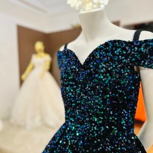 Black velvet ball gown with off-shoulder neckline and multicolor sequins shades (Medium Size - Aqua)