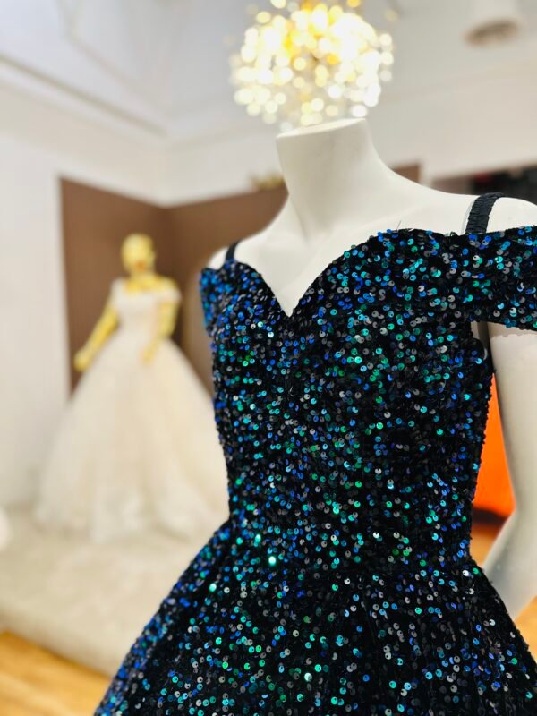 Black velvet ball gown with off-shoulder neckline and multicolor sequins shades (Medium Size - Aqua)
