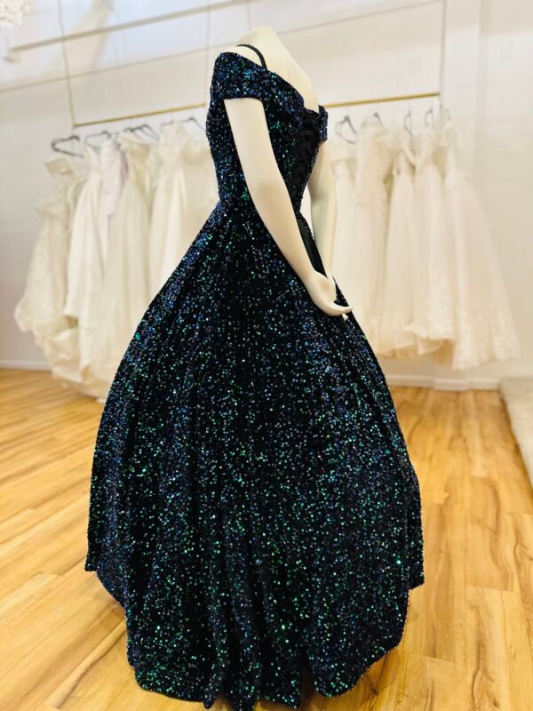 Black velvet ball gown with off-shoulder neckline and multicolor sequins shades (Medium Size - Aqua) - Image 4
