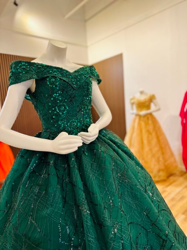 Deep green gown made from light mesh fabric that flows into a soft train at the back (Large size - green) - Image 4