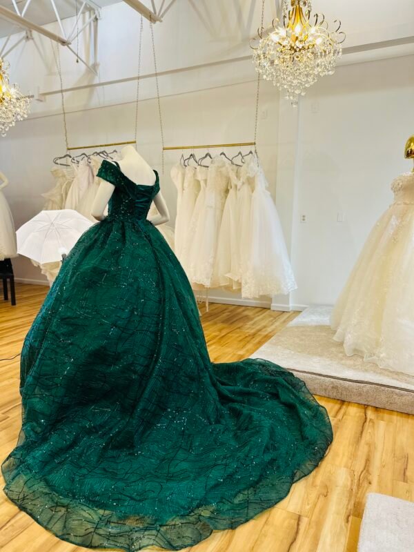 Deep green gown made from light mesh fabric that flows into a soft train at the back (Large size - green) - Image 2