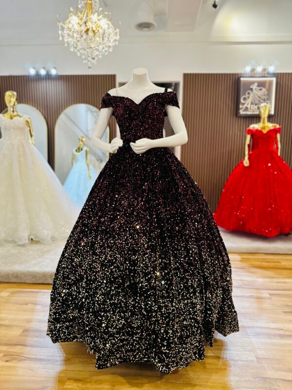 Black velvet ball gown with classic off-shoulder neckline and shimmering sequins that create a stunning ombre effect (Small size - multicolor) - Image 3