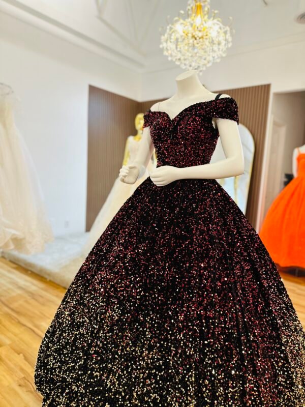 Black velvet ball gown with classic off-shoulder neckline and shimmering sequins that create a stunning ombre effect (Small size - multicolor) - Image 4