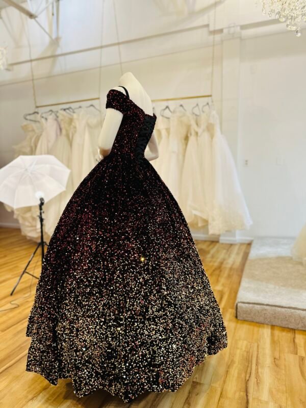 Black velvet ball gown with classic off-shoulder neckline and shimmering sequins that create a stunning ombre effect (Small size - multicolor) - Image 2