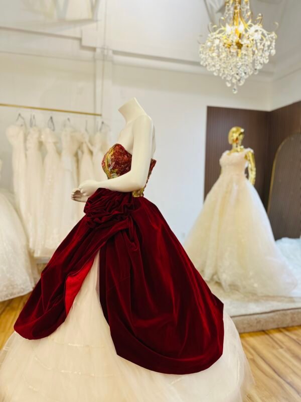 Strapless ballgown features a painted-style bodice in rich shades of red, gold, and orange with a large sculpted rose (Medium Size - Burgundy Red ) - Image 2