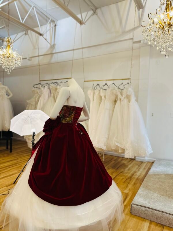 Strapless ballgown features a painted-style bodice in rich shades of red, gold, and orange with a large sculpted rose (Medium Size - Burgundy Red ) - Image 3