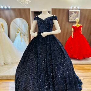 Deep sapphire gown features an off-shoulder neckline and a flowing train with sparkling sequins and finished with a matching ribbon corset (Large Size - Navy)