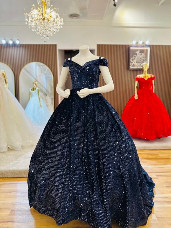 Deep sapphire gown features an off-shoulder neckline and a flowing train with sparkling sequins and finished with a matching ribbon corset (Large Size - Navy)