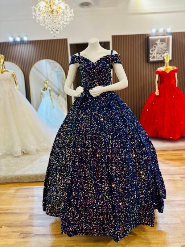 Blue velvet ball gown with shimmering sequins in shades of blue, green, aqua, and cyan (Medium Size - Blue) - Image 3