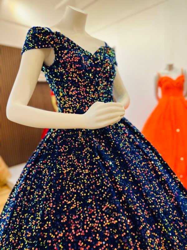 Blue velvet ball gown with shimmering sequins in shades of blue, green, aqua, and cyan (Medium Size - Blue)