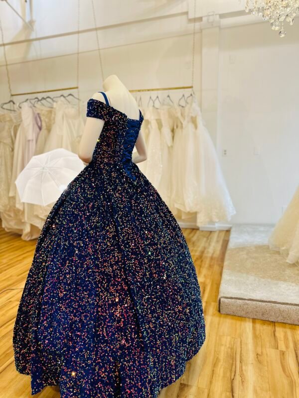 Blue velvet ball gown with shimmering sequins in shades of blue, green, aqua, and cyan (Medium Size - Blue) - Image 2